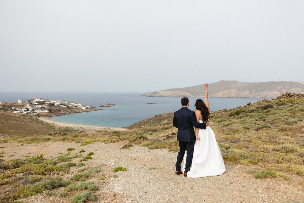 couple posing in greece for wedding photos