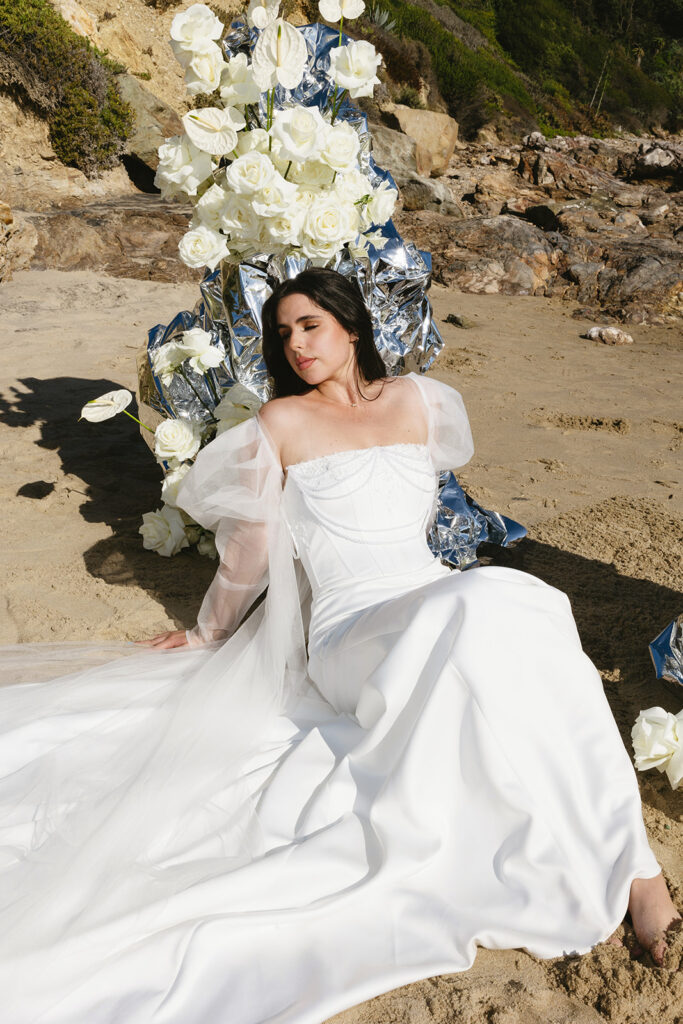Contemporary beach wedding table setting at Corona Del Mar with neutral tones
