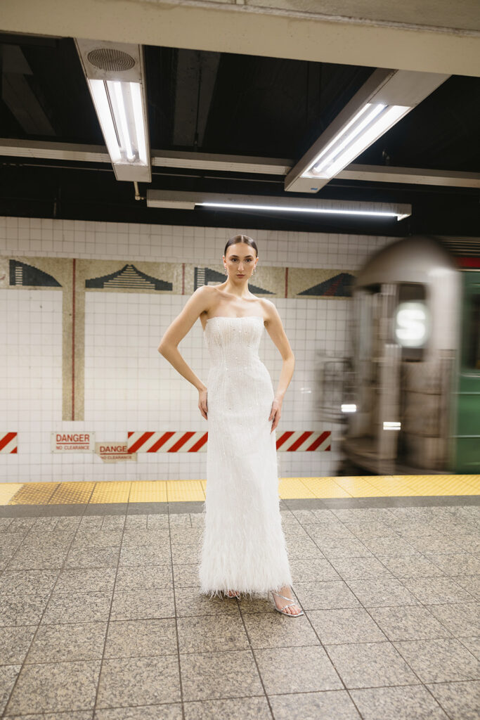 Timeless bridal photo in Manhattan with city details in the background
