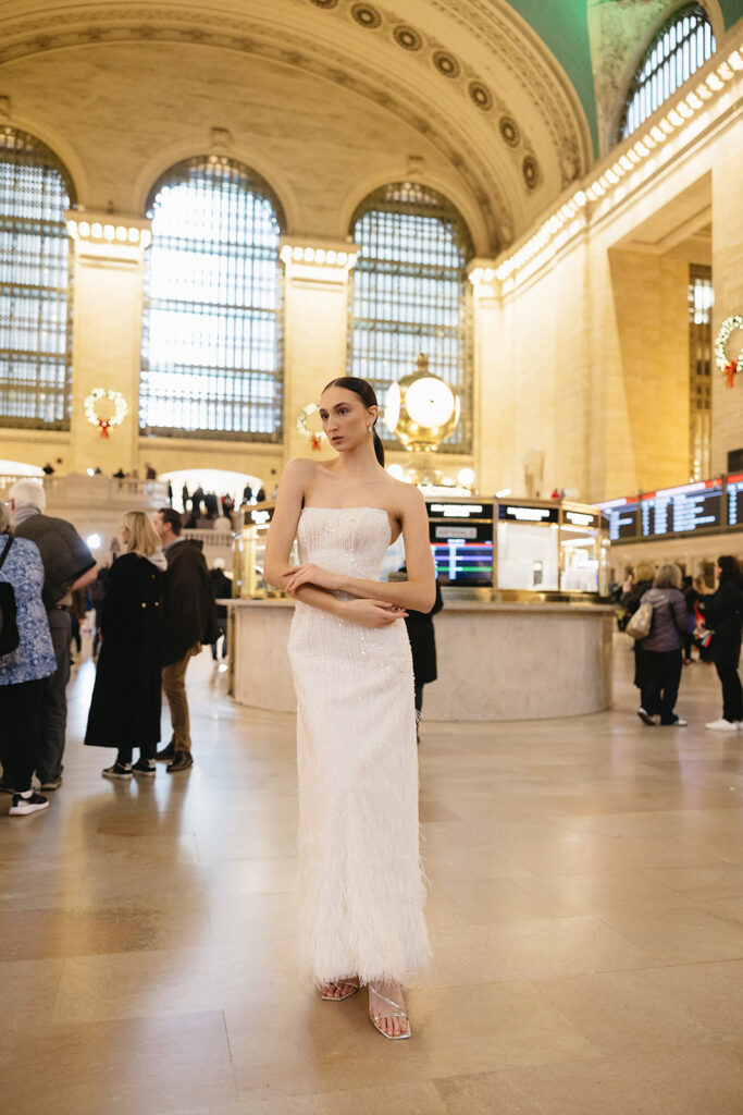 Editorial bridal portrait inside Grand Central Terminal with natural lighting
