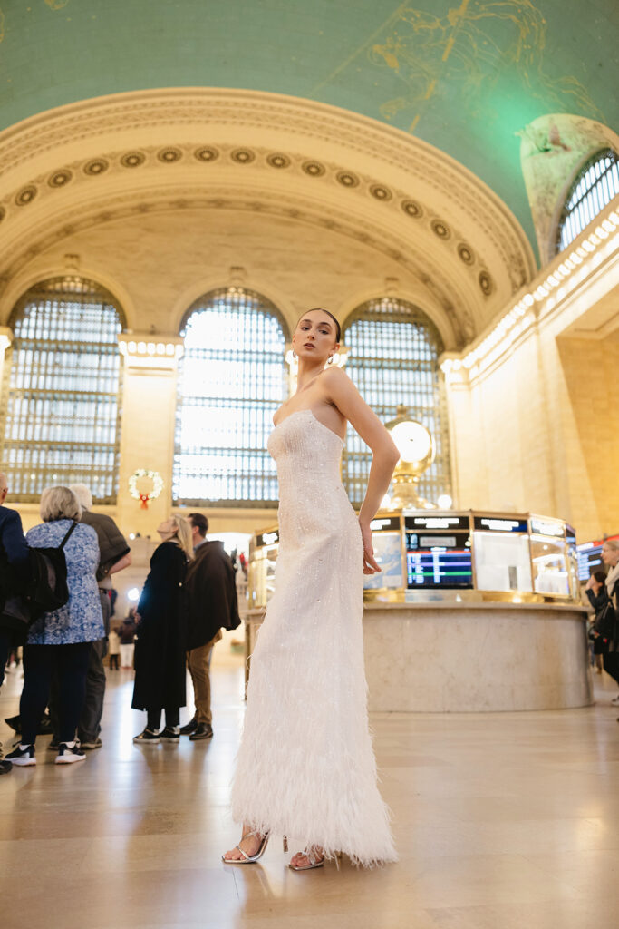 Editorial bridal portrait inside Grand Central Terminal with natural lighting
