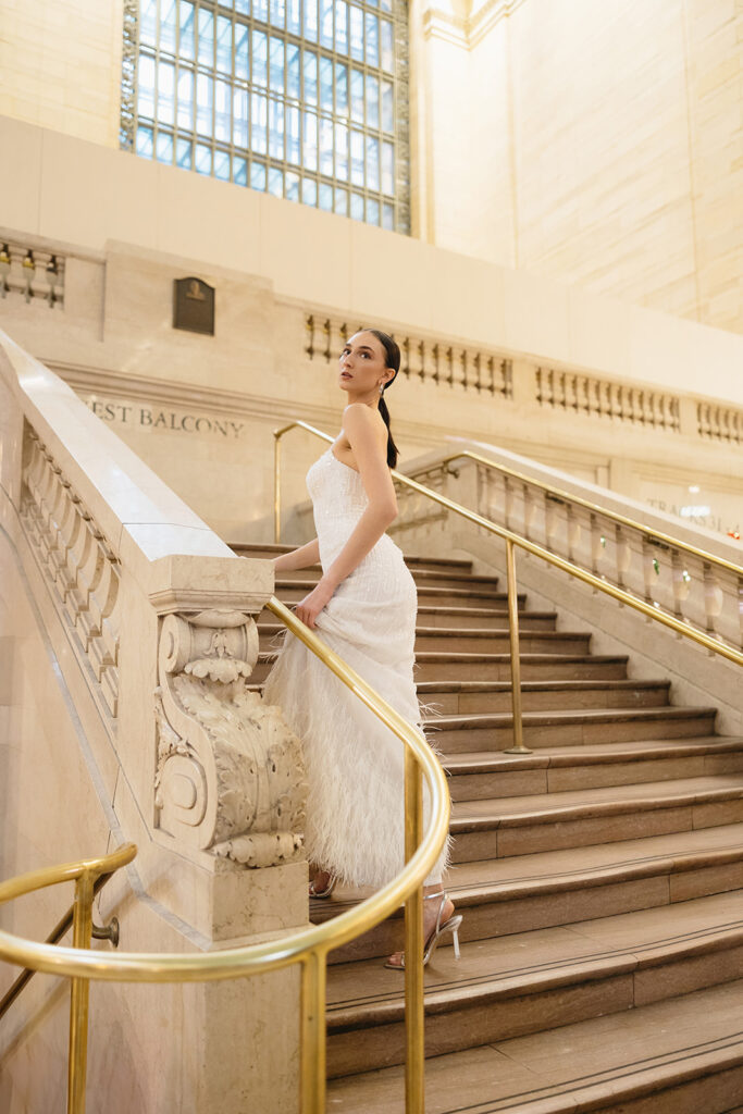 Editorial bridal portrait inside Grand Central Terminal with natural lighting
