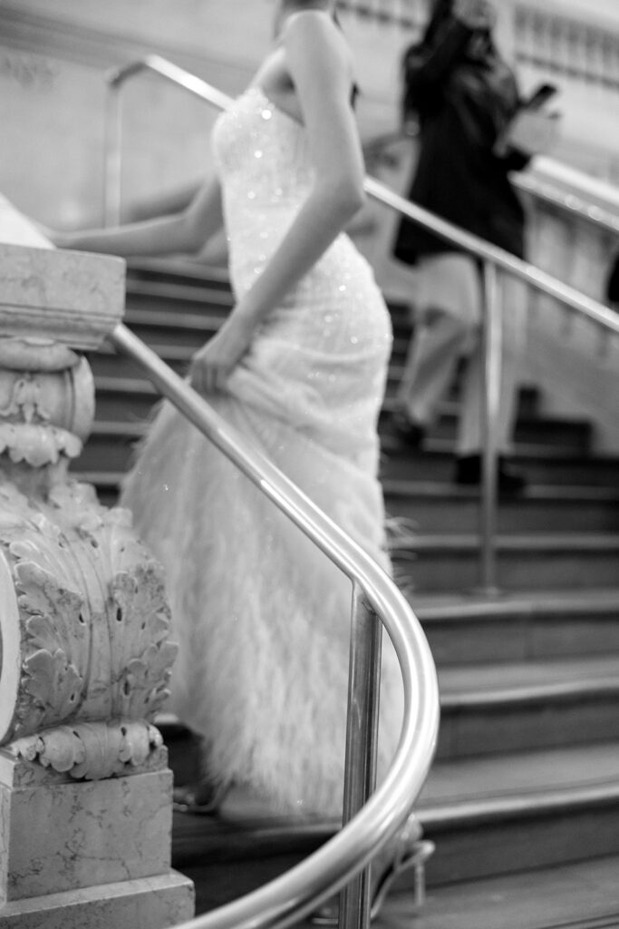 Editorial bridal portrait inside Grand Central Terminal with natural lighting
