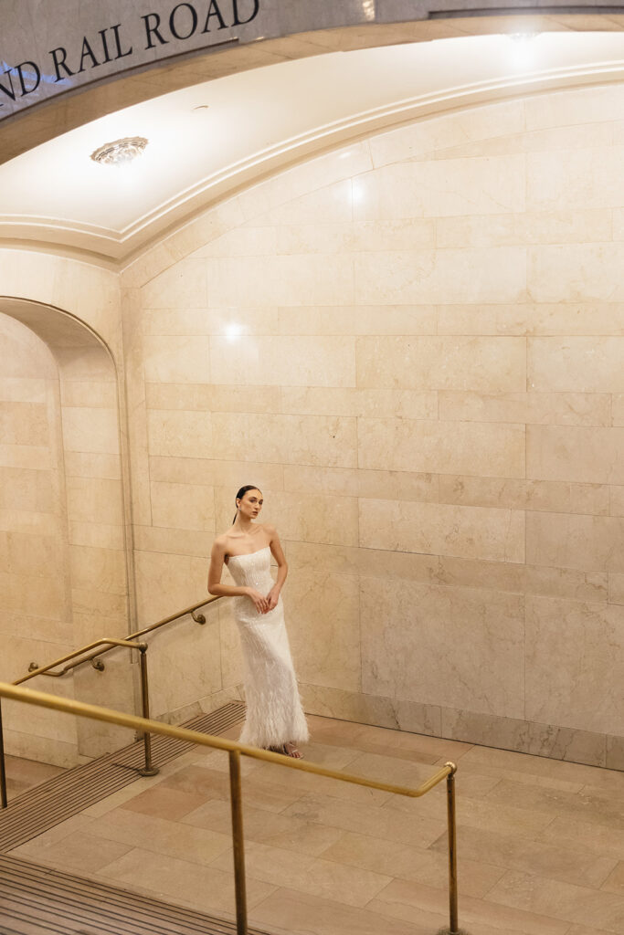 Editorial bridal portrait inside Grand Central Terminal with natural lighting
