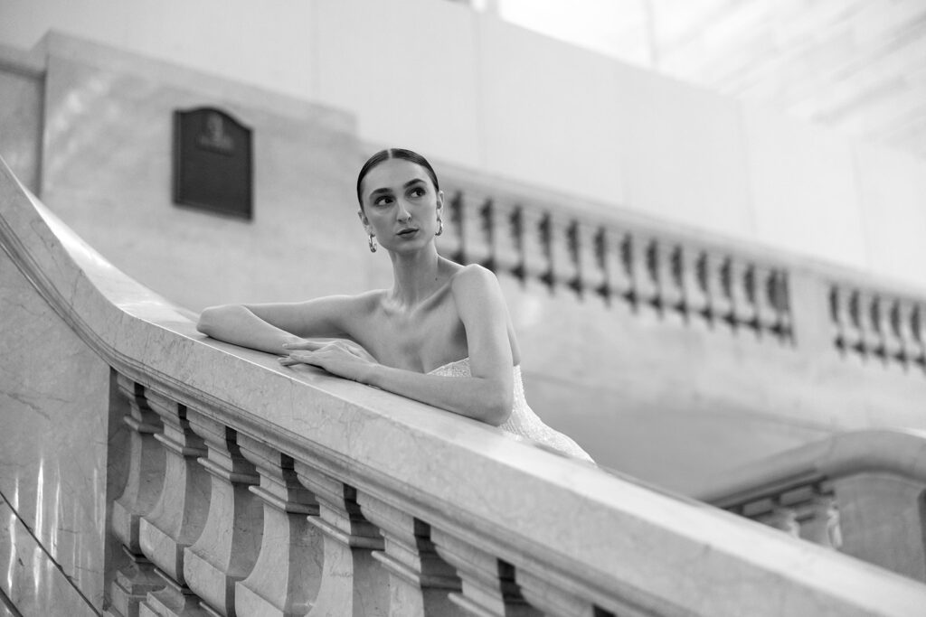 Editorial bridal portrait inside Grand Central Terminal with natural lighting
