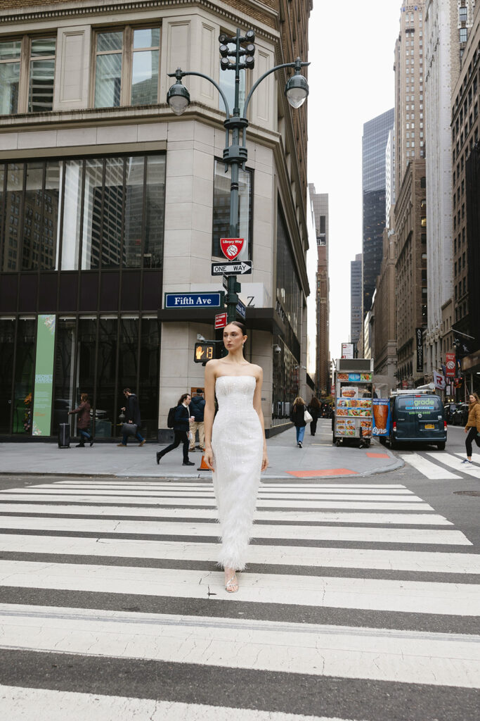 Timeless bridal photo in Manhattan with city details in the background

