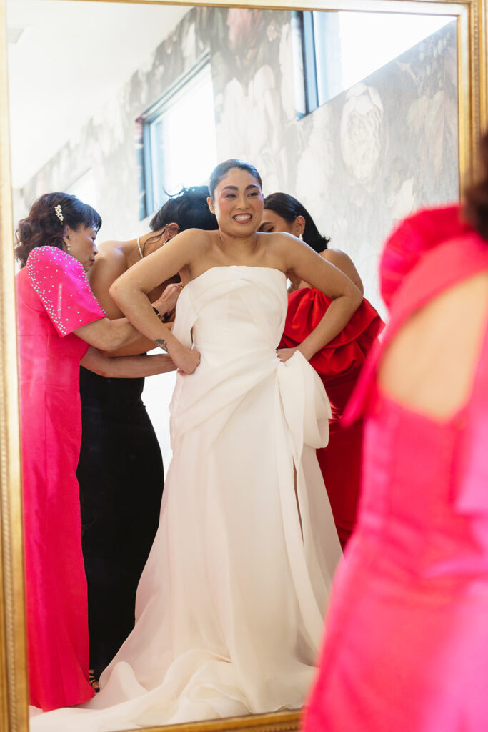 Bride wearing a custom heart veil made from her mother’s veil
