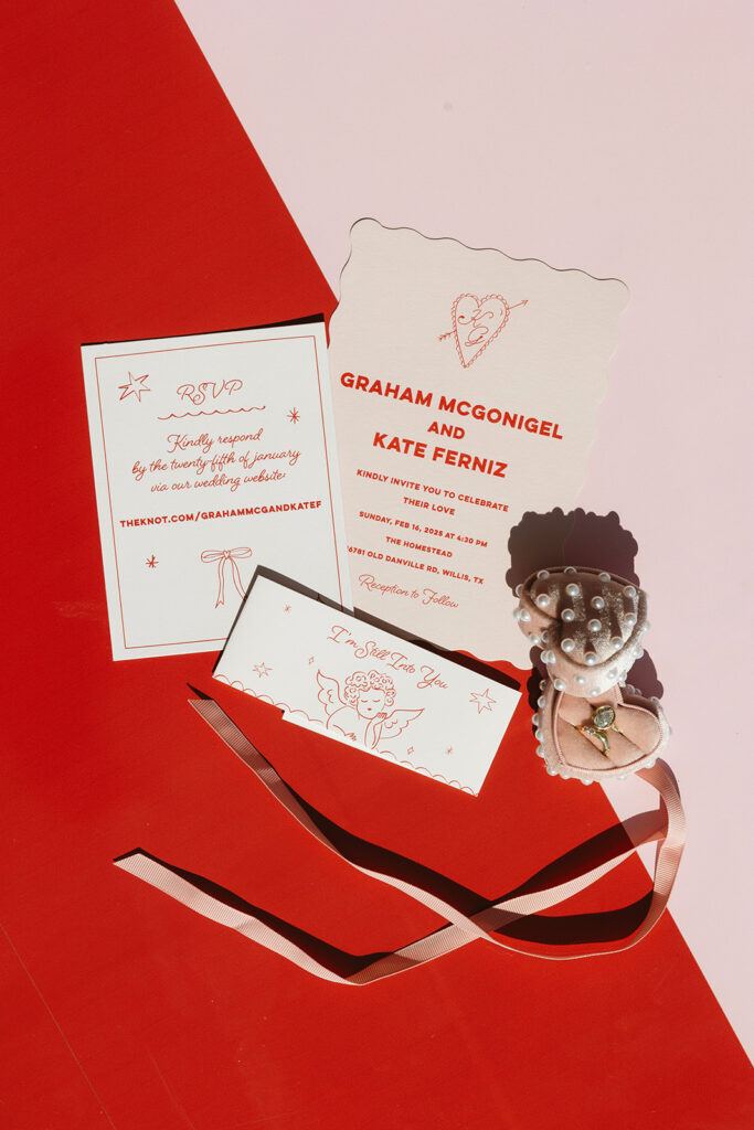 Valentines day wedding details including florals and stationery
